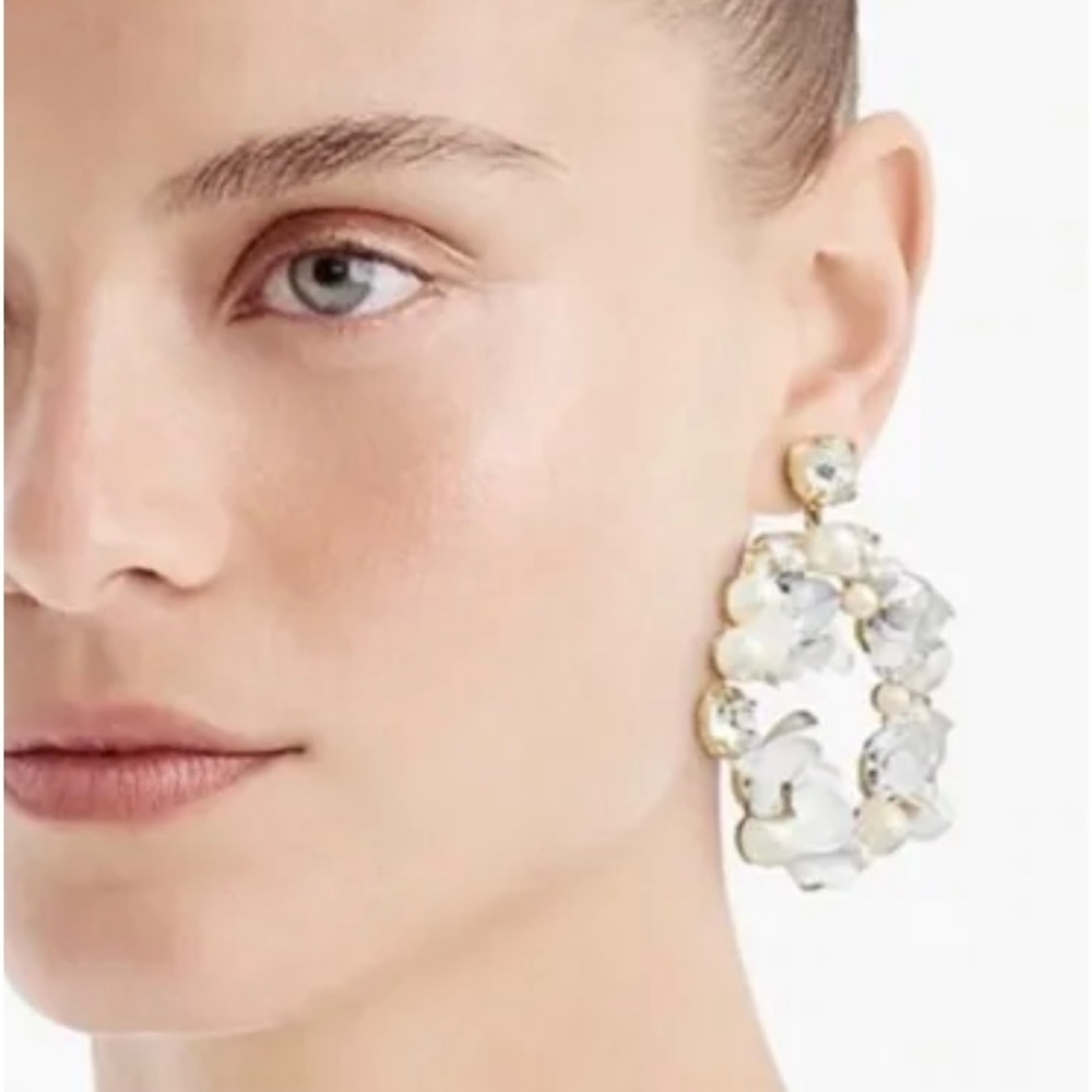J. Crew White Pearl Sequins‎ And Crystal Hoop Door Knocker CZ Bling Earrings New